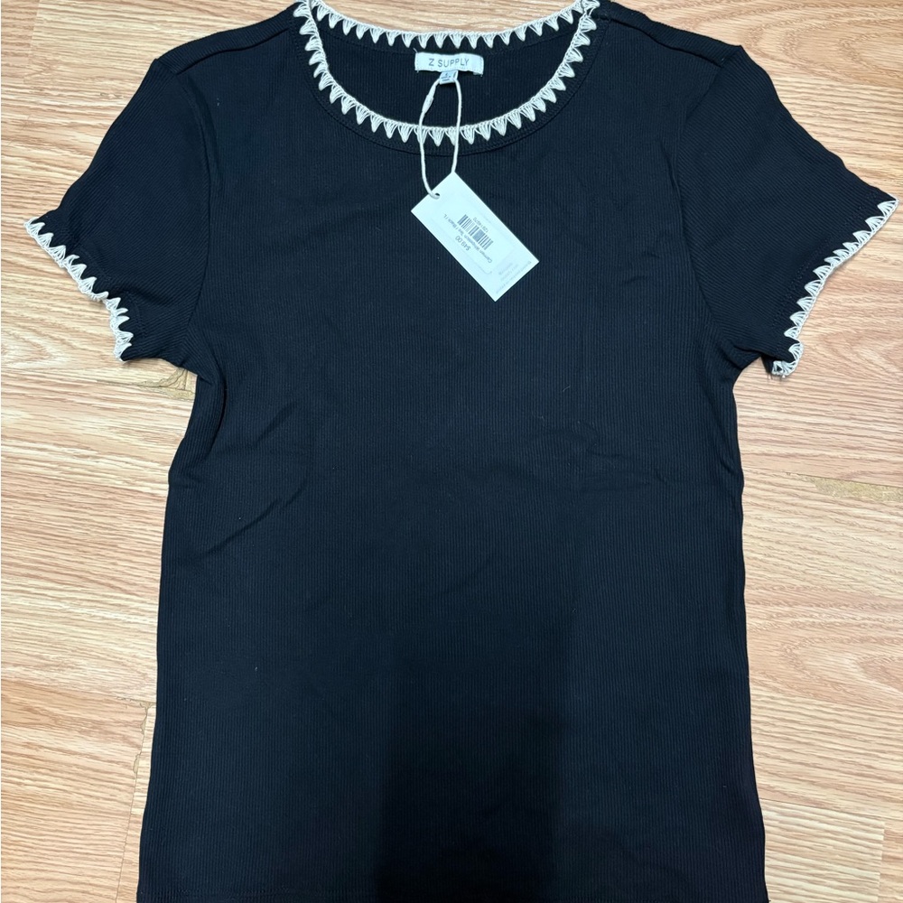 Z Supply Black Short Sleeve Ribbed Tee with White Scalloped Trim